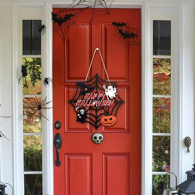 Halloween Party decorations - Welcome Sign for Front Door,Rustic Round Wood Wreaths for Outdoor Outside,Spider Web Garland Porch Ghost Decor for Party Favors Supplies | Halloween Decor for Wall Indoor