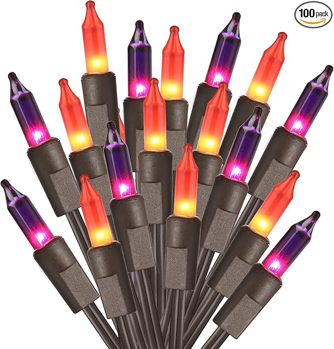 ODEETRONIC Purple Orange Lights, 21.63ft 100 Count Mini Incandescent Halloween Lights, 120V UL Certified Connectable Plugin Outdoor Tree Light, Brown Wire Indoor String Light for Party Spooky Decor
