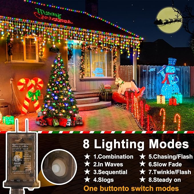 Heceltt Christmas Lights Outdoor, 66FT 640LED Ice Lights 8 Modes with 120 Drops,IP44 Waterproof Timer Memory Function for Christmas Decorations (Multicolor)