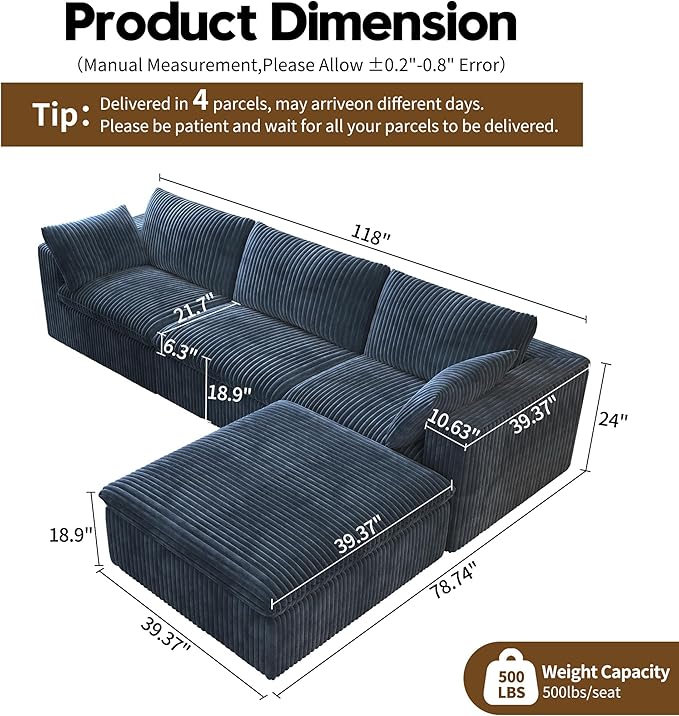 118" L Shaped Modern Sofa Modular Sectional Cloud Couch with Ottoman,Deep Seat Upholstered Couches with Plush Corduroy Fabric for Living Room Furniture,Bedroom and Apartment,No Assembly Required,Blue