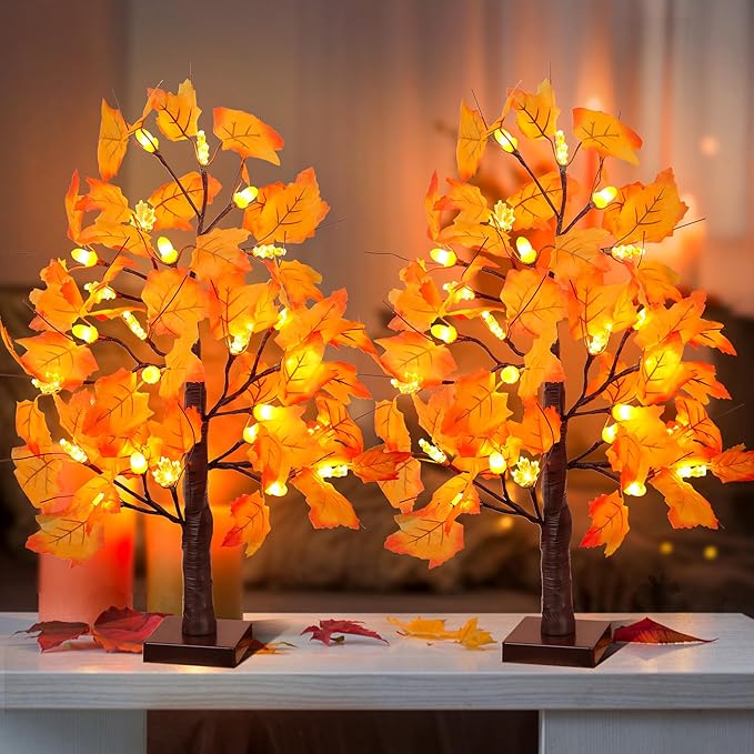 2 Pack 24 Inch Prelit Fall Maple Tree Fall Decorations for Home with 48 LEDs Battery Operated Timer Lighted Acorn Maple Tabletop Light Up Tree for Office Fall Decor Thanksgiving Decorations Indoor