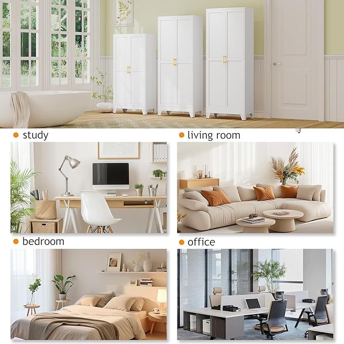 71" Tall Metal Pantry Storage Cabinet with Doors and 4 Adjustable Shelves, White Kitchen Food Pantry Cabinets, Tall Freestanding Cupboard for Kitchen, Dining Room or Living Room