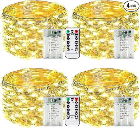 4-Pack Fairy Lights Battery Operated with Remote & Timer & 8 Modes, Waterproof 16 FT 50 LED String Lights Outdoor Indoor, Battery Twinkle Lights for Christmas Bedroom Centerpiece Décor (Warm White)