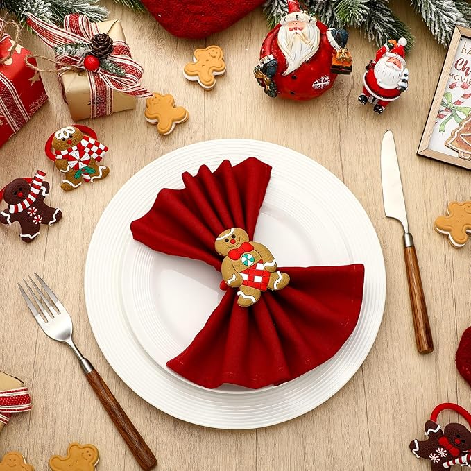 LemonRoad 12 Pcs Christmas Napkin Rings Bulk Xmas Chic Napkin Holder Rings Buckle for Holiday Birthday Party Anniversary Dinner Wedding Dining Table Decoration (Gingerbread,Silicone)