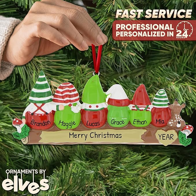 3D Gnome Family of 6 Ornament 2025 Personalized Family Christmas Ornaments 2025 | Woodland Deer Mushrooms Personalized Tree Ornaments for Grandchildren, Siblings & Grandkids of Six Ornament Gnomes