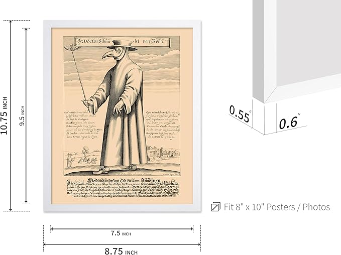 Poster Master Vintage Medieval Poster - Retro Illustration Print - Gift for Friend - Plague Doctor, Pandemic Mask, Physician, Black Death - Wall Decor for Home, Living Room, 8x10 White Framed