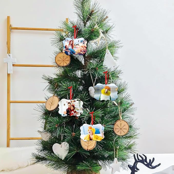 4 Pack Personalized Christmas Ornaments 2025 Wood Custom Photo Text Hanging Ornament for Christmas Tree Decorations, First Christmas Engaged/Married, New Home, Baby's First Christmas, Memorial