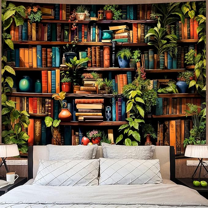 Accnicc Botanical Bookshelf Tapestry Lush Green Plant Book Shelf Tapestries Wall Hanging Vintage Retro Potted Plants Academics Extra Large Library Tapestry for Bedroom Living Room Dorm 90 x 68 inch