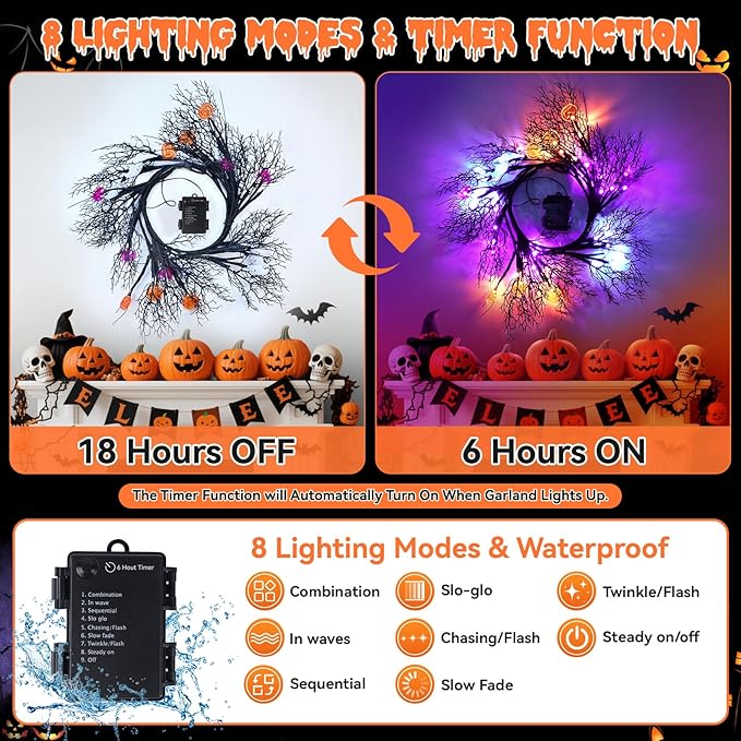 [8 Modes&Timer] 6Ft 45LED Halloween Willow Vine Twig Garland with Orange Lights - Battery Operated, Waterproof Halloween Decor for Indoor Wall, Fireplace Mantle, Home Party (Pumpkins&Bats&Ghosts, 6FT)