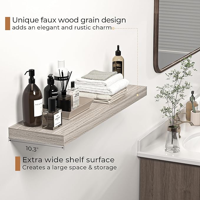 Floating Shelves - 10.3 Inch Deep Wall Shelf for Decor & Storage - Wall Mounted Display Shelving with Invisible Heavy-Duty Metal Bracket - 36" W x 10.3" D x 1.8" H - Set of 1 - Rustic Grey