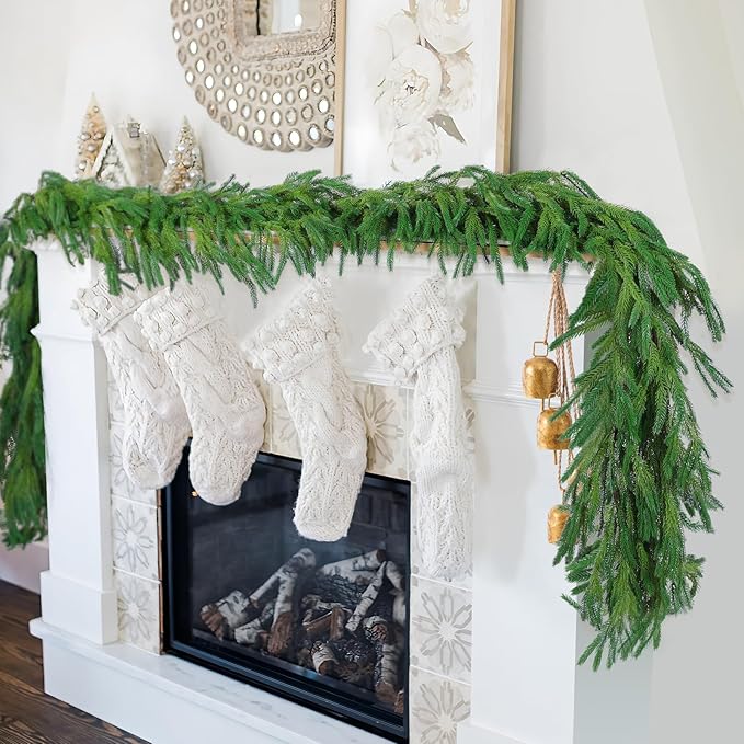 Hananona 4 Pcs 9 Ft Artificial Norfolk Pine Garlands, Realistic Pine Garland, Green Artificial Greenery Garland for Table, Mantle, Wall, Indoor, Outdoor Winter Christmas Decorations (4, 9 FT)