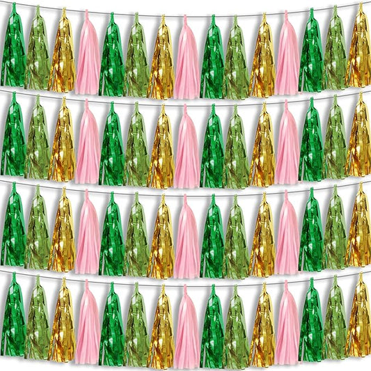 4P Sage-Green Pink-Gold Foil Fringe Metallic Tassel Garland, Tassels Banner Streamers for Parade Floats, Bachelorette, Wedding, Birthday, Halloween, Christmas, Bridal/Baby Shower Party Decorations
