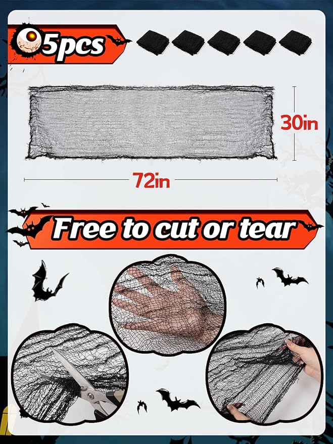 Biubee 5Pcs Halloween Black Creepy Cloth - Spooky Gauze Fabric Cloth for Haunted Horror House Halloween Party Doorway Outdoors Decoration (30" × 72")