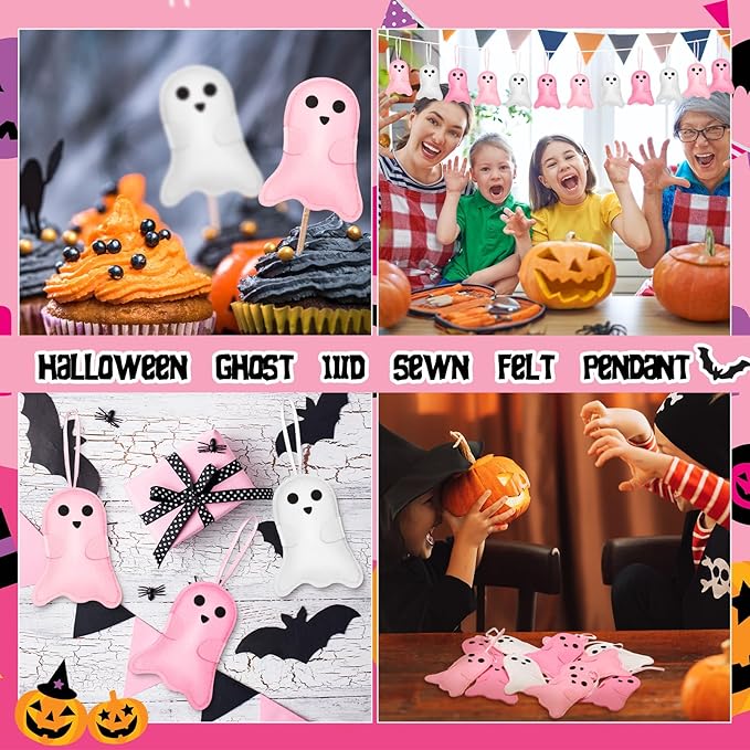 12 Pcs Pink Halloween Felt Ornaments Cute Ghost 3D Hanging Ornaments 3.15 Inch Pink White Halloween Tree Decorations for Small Tree Party Decor