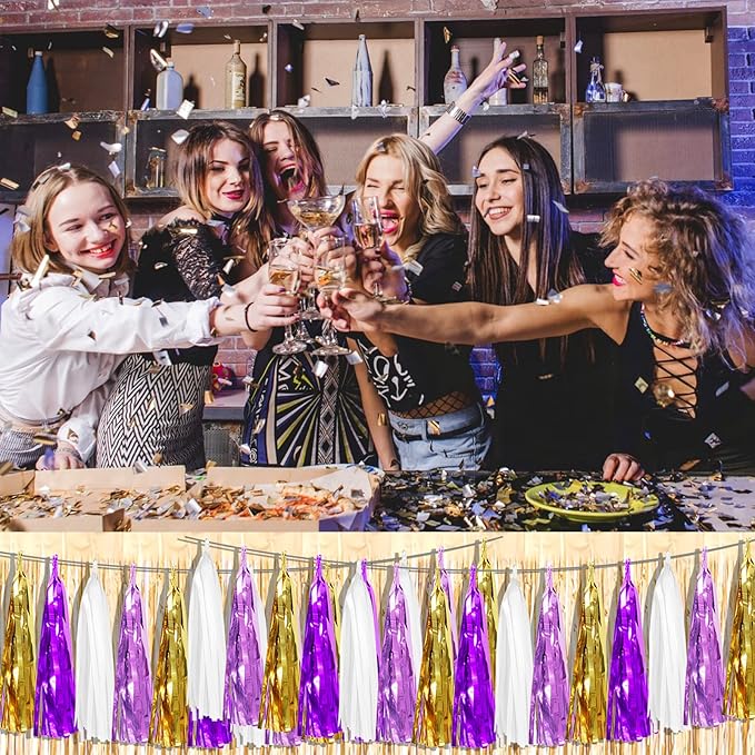 4P Purple-Gold Foil Fringe Metallic Tassel Garland, Tassels Banner Streamers for Parade Floats, Bachelorette, Wedding, Birthday, Halloween, Christmas, Bridal/Baby Shower Party Decorations