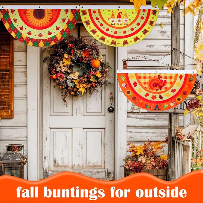 Breling 4 Pcs 1.5 x 3 Feet Fall Bunting Outdoor Flag for Outside Thanksgiving Pleated Fan Flag Pumpkin Turkey Yard Fall Hanging Banner Flag with Canvas Header and Metal Grommet for Holiday Decor