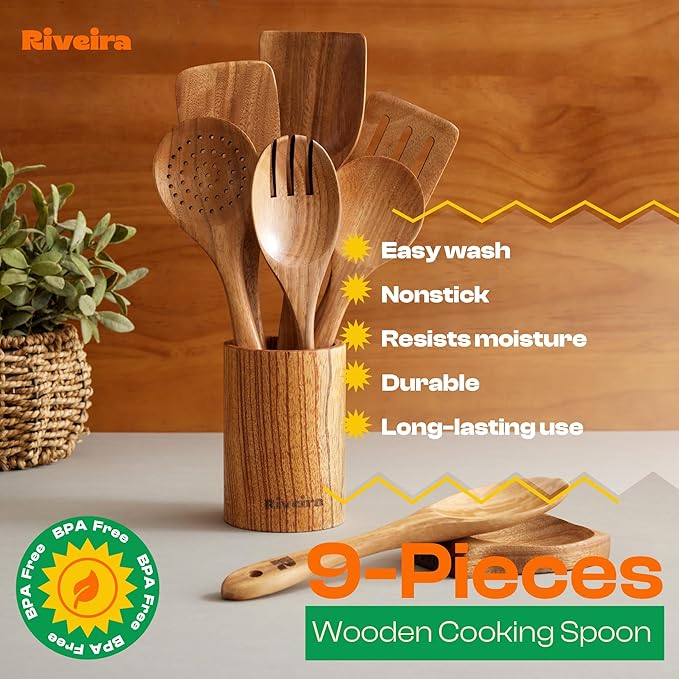 Riveira 9 Pieces Teak Wooden Spoons For Cooking – Premium & Durable Organic Teak Wooden Cooking Utensils – Non Stick Wooden Spatula For Cooking – Non Toxic Utensil Set With Holder & Spoon Rest