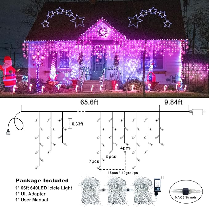Icicle Christmas Lights Outdoor, 66FT 640 LED Icicle Lights for Outside with 8 Modes Timers, Waterproof Plug in Twinkle String Light for House Yard Eave Garden Party Holiday Decorations, Pink