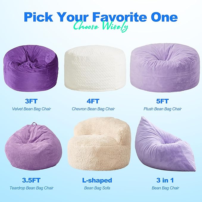 Hobestluk 3 in 1 Bean Bag Chair Giant Bean Bag Chairs for Adults with Plush Faux Fur Cover Convertible Bean Bag Floor Cushion with Machine Washable Cover for Living Room (Plush Purple)