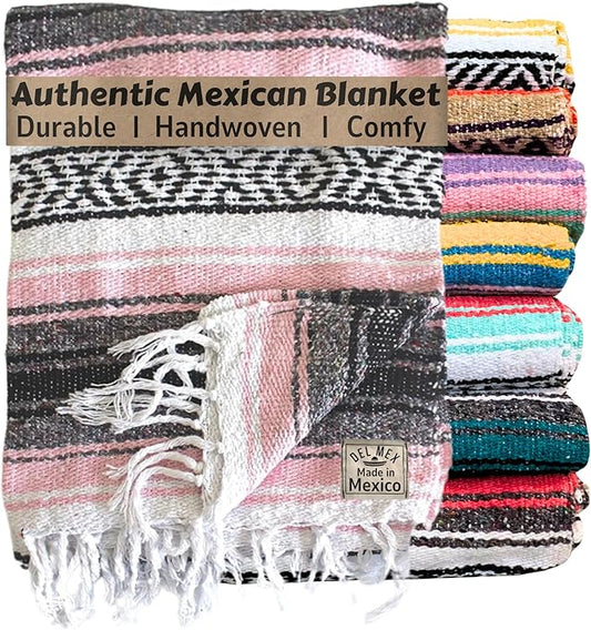 Del Mex Classic Mexican Blanket, Large Authentic Woven Falsa Throw (70"x50"), Artisan Southwest Décor for Beach, Yoga, Outdoors (Pink)
