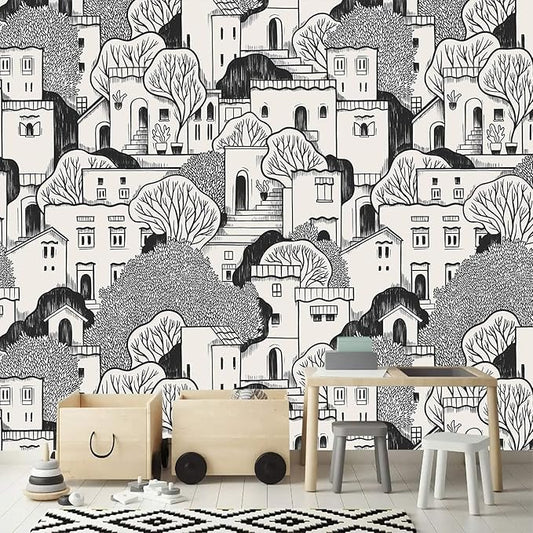 AFZEVEB-Black House with Trees Nursery Wallpaper murals for Bedroom 159"x107" (Not Peel and Stick)