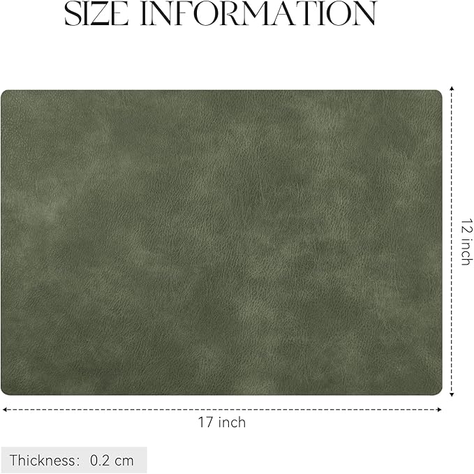 MOSAYT Vinyl Placemats Set of 8-12 X 17 Inch - Faux Leather 100% Waterproof Oil-Proof Wipeable PU Place Mats, Heat Resistant Reversible Table Mats for Kitchen, Dining, Outdoor (Olive Green)