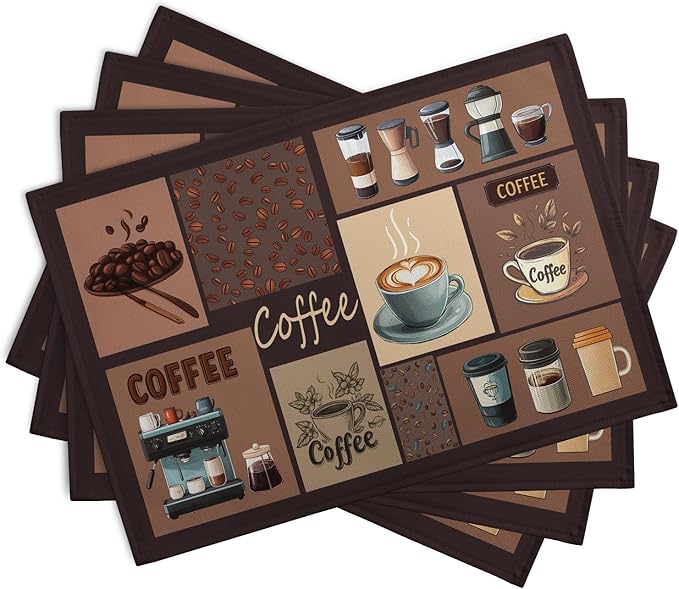 Coffee Theme Placemats Set of 4 Farmhouse Style Brown Linen Fabric Table Mat 12x18 Inch Washable Heat Resistant Non-Slip Place Mats for Home Party Kitchen Dining Decor