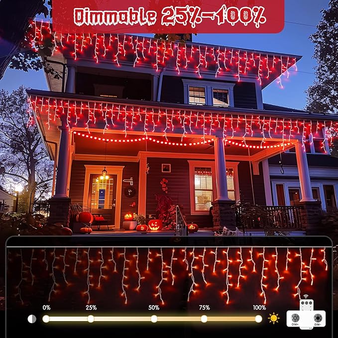 JMEXSUSS 400 LED Red Icicle Lights for Halloween Decor, Connectable Red Halloween Lights Indoor Outdoor with Remote, Christmas Light for Room Fireplace Christmas Decorations