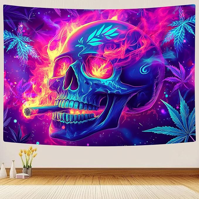 Blacklight Skeleton Tapestry, Glowing Skull UV Reactive Gothic Wall Hanging Tapestries, Glow in the Dark Grim Reaper Magic Horror Face Halloween Poster Tapestry for Bedroom Living Room Decor 60X40IN
