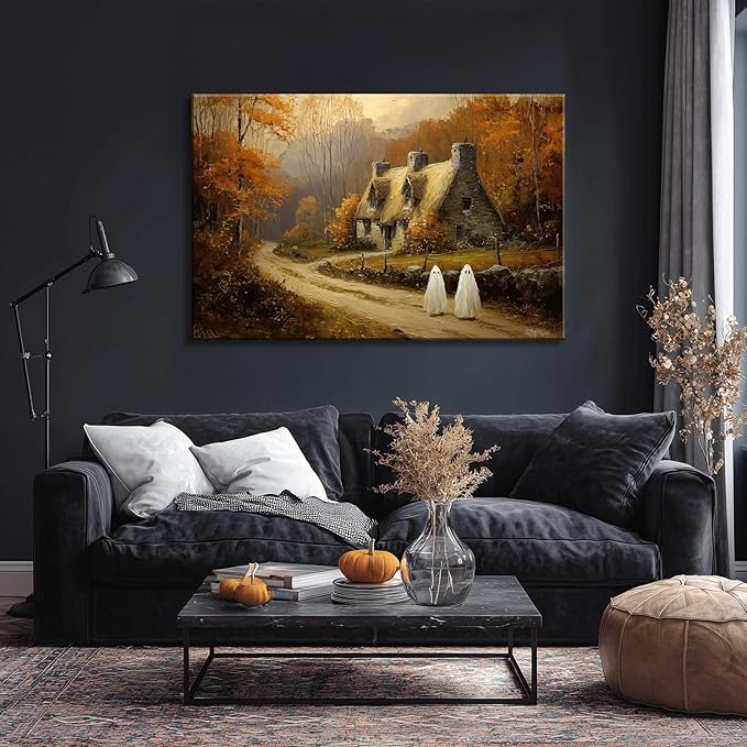 Laoife Halloween Canvas Wall Art, Vintage Spooky Farmhouse Autumn Rustic Landscape Wall Decoration, Ghost on Rural Roads for Living Room Bedroom Home Decor (Ghost 2)