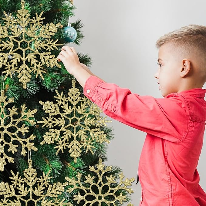 6pcs Large Gold Snowflakes Ornaments 12" Big Plastic Glitter Snowflake for Winter Indoor Outdoor Christmas Tree Window Room Decorations Giant Craft Snowflakes