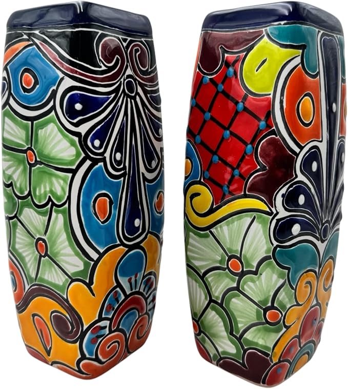 Talavera Planter Pot Square Vase Folk Art Mexican Pottery Handmade Hand Painted Home Decor Indoor Multicolor Outdoor 9.25" (Multi 22)