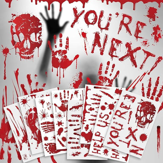 PartyGarden Halloween Decorations - 8 Sheet 86 Pcs Halloween Bloody Handprint Footprint Window Clings Wall Decal Floor Stickers for Inside Outside Home Door Scary Party Décor
