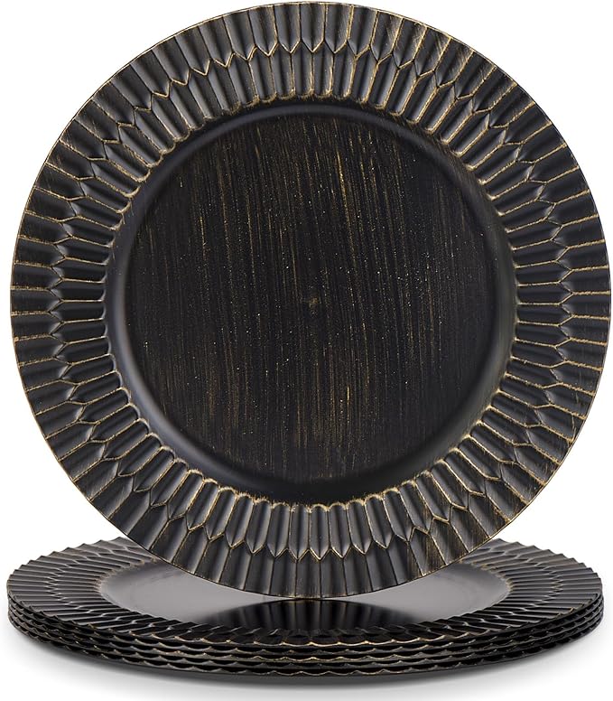 13" Black Chargers for Dinner Plates, Decorative Charger Plates, Plastic Charger & Service Plate 6 Pack Table Setting Bulk Wedding, Thanksgiving, Festival