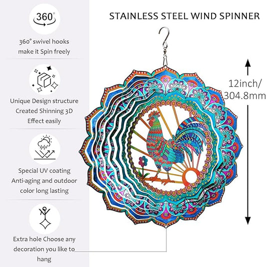 Rooster Wind Spinner for Yard and Garden,12in Wind Spinners Outdoor Rooster Gifts,Chicken Gifts for Women Mother Grandma Wife Men Father,Garden Decor Metal Hanging Yard Art Wind Sculpture