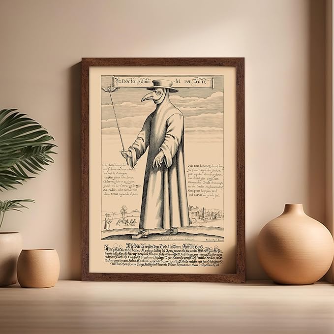 Poster Master Vintage Medieval Poster - Retro Illustration Print - Gift for Friend - Plague Doctor, Pandemic Mask, Physician, Black Death - Wall Decor for Home, Living Room, 16x20 Brown Framed