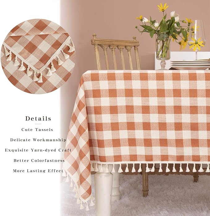 Rustic Gingham Tablecloth, Cotton Buffalo Plaid Table Cloth for Fall Thanksgiving Christmas Kitchen Restaurant Holiday Outdoor Picnic Decoration（Rectangle/Oblong, 55x120,Orange