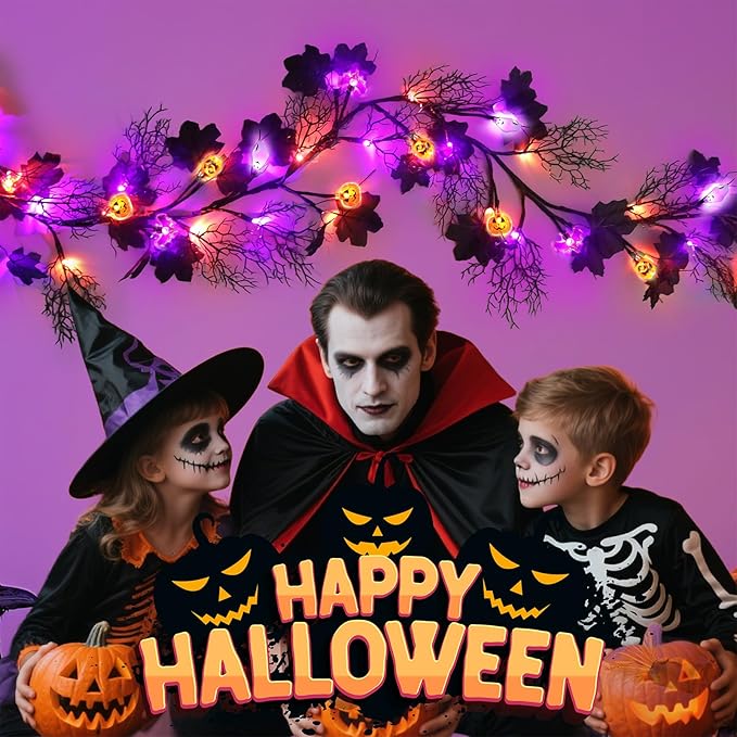 kuaima Halloween Lighted Willow Vine Twig Decor, 6.56 FT Light up Garland with Purple and Orange LED Lights for Indoor Outdoor Decor, 8 Modes, 18 Ornaments, 4 Adhesive Hooks