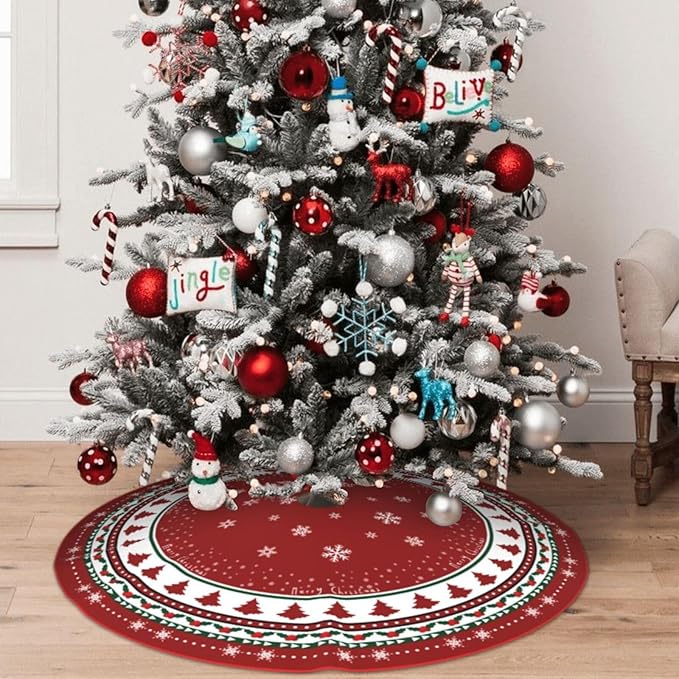 Christmas Tree Skirt 48 Inches, Red and Green Xmas Tree Mat with Winter Snowflake for Christmas Decorations Holiday Party Indoor Outdoor Home Decor (Red and Green)