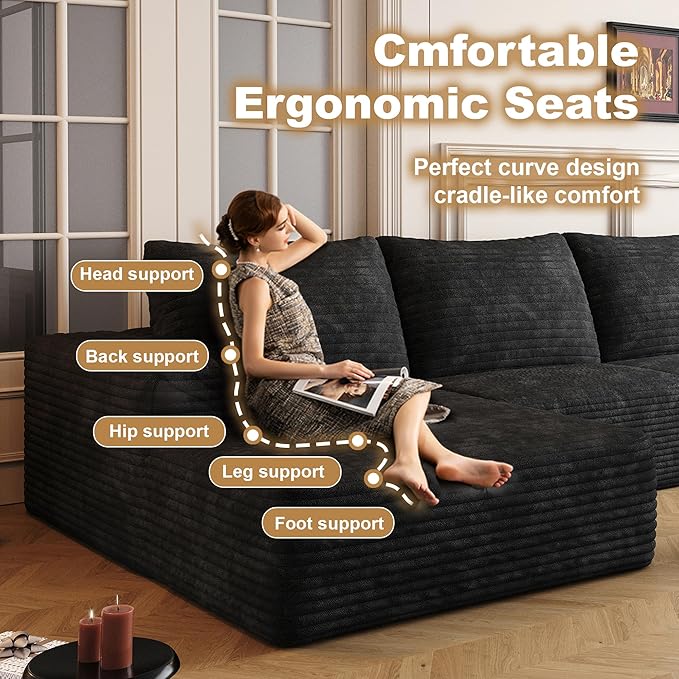 136" Sectional Couches for Living Room Modern Modular Sofa with L-Shape Couchs Upholstered Boneless Couch Deep Seat Sectional Couch with Chaise (Black, Left Facing Chaise+3Seaters+Ottoman)