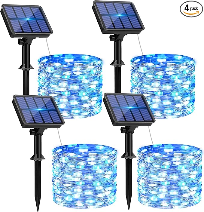 4 Pack Solar String Lights Outdoor - 320LED 132FT Solar Fairy Lights Waterproof 8 Modes, Copper Wire Solar Powered Twinkle Lights for Outside Tree Garden Christmas Wedding Party Decor, Blue White