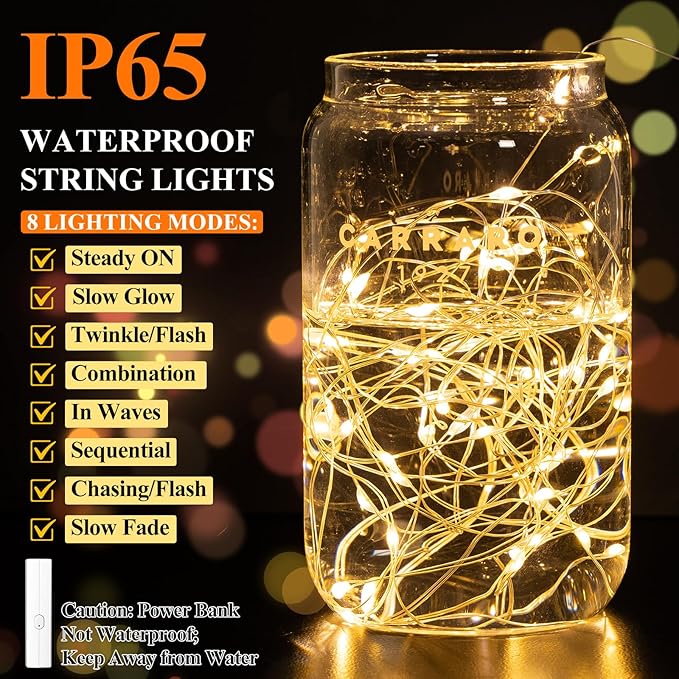 66FT(33*2) Lipstick Mini Fairy Lights Battery Operated, String Lights with Timer, LED Rechargeable Twinkle Lights for Bedroom, Christmas Decorations, Wedding, Vine, Centerpiece Table Decor Warm White