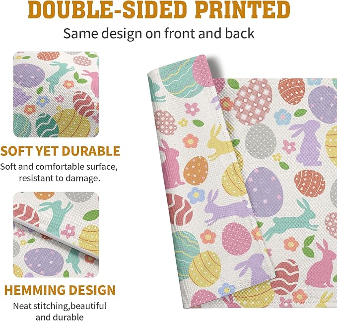Easter Eggs Bunny Floral Placemats Set of 4 Watercolor Egg Floral Place Mat 12x18 Inch Seasonal Spring Colorful Washable Linen Table Mats for Party Kitchen Dining Outdoor Indoor Decor