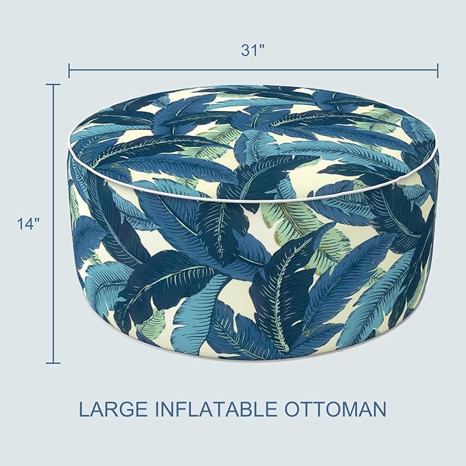 LVTXIII Indoor/Outdoor Inflatable Ottoman, D31 x H14 Inch Large Round Ottoman, All Weather Foot Rest Stool, Portable Footrest for Patio, Garden, Camping and Home - Swaying Palms Blue