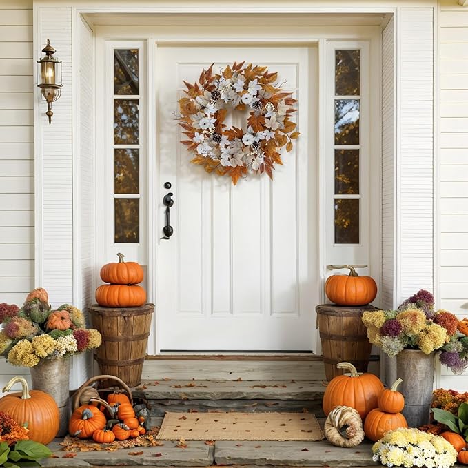Fall Wreaths for Front Door Outside Autumn Wreath with Lights Berries Pine Cones Fall Decorations for Home Decor Pumpkin Wreath for Farmhouse Holiday Thanksgiving Harvest Halloween Outdoor