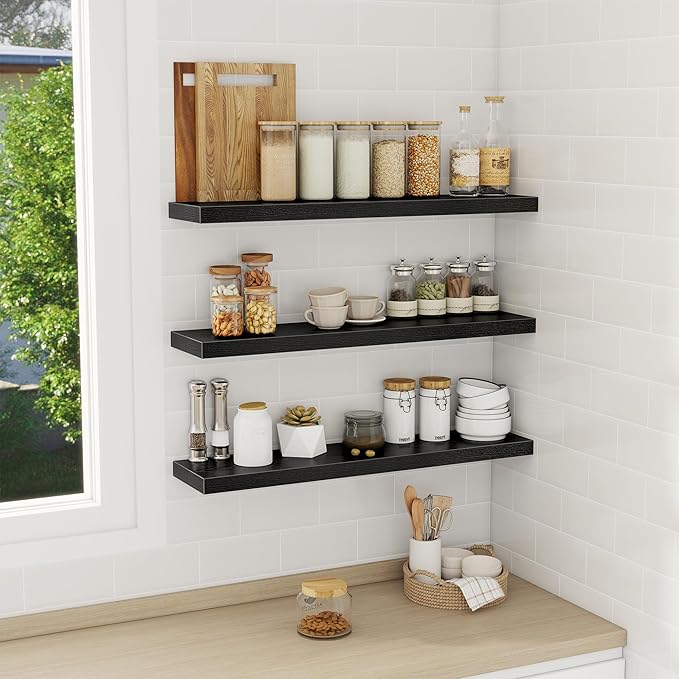Fun Memories 32 Inch Floating Shelves Wall Shelf Set of 3, Black Bathroom Shelves 32 Inch, Farmhouse Home Decor Living Room, Kitchen Black Shelves for Wall, 32 x 6.7 x 1.4 Inch
