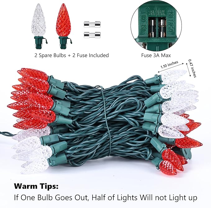 Brizled Red & White C5 Christmas Lights, 33ft 100 LED Christmas tree Lights, Connectable 120V UL Certified Faceted Christmas Lights Outdoor Indoor Xmas Lights for Christmas Tree Party Roof Decoration