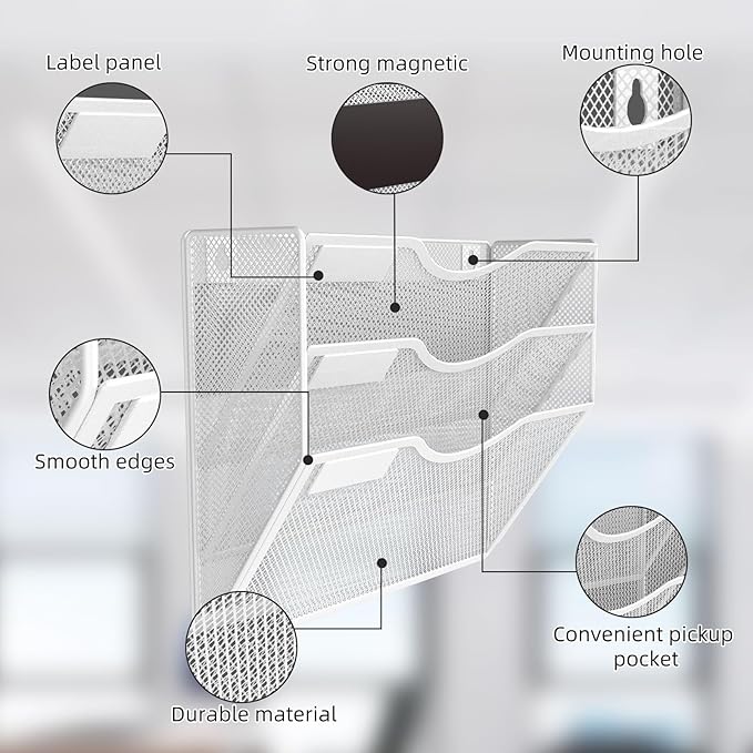 3-Tier Magnetic File Holder, No Drilling Installation File Cabinet Organizer, White Magnetic File Organizer, Magazine Rack, Magnetic Paper Holder for Refrigerator, File Cabinets,White