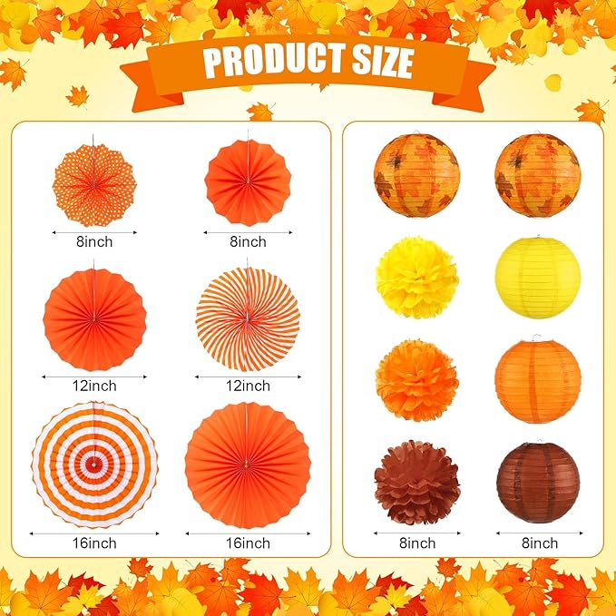 28 Pcs Fall Party Decoration Thanksgiving Party Supplies Include Happy Thanksgiving Banner Autumn Paper Lanterns Pom Pom Hanging Fans Bunting Garland Swirl Streamers for Fall Harvest Birthday