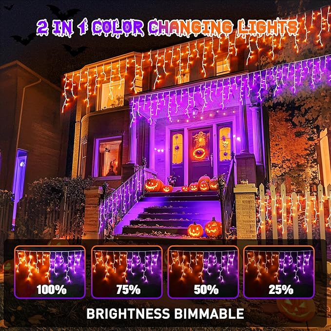 JMEXSUSS 400 LED Color Changing Halloween Lights Outdoor, 38.8ft Orange to Purple Halloween Icicle Lights with Remote, Waterproof String Light Plug in for Outdoor Indoor Party Decor
